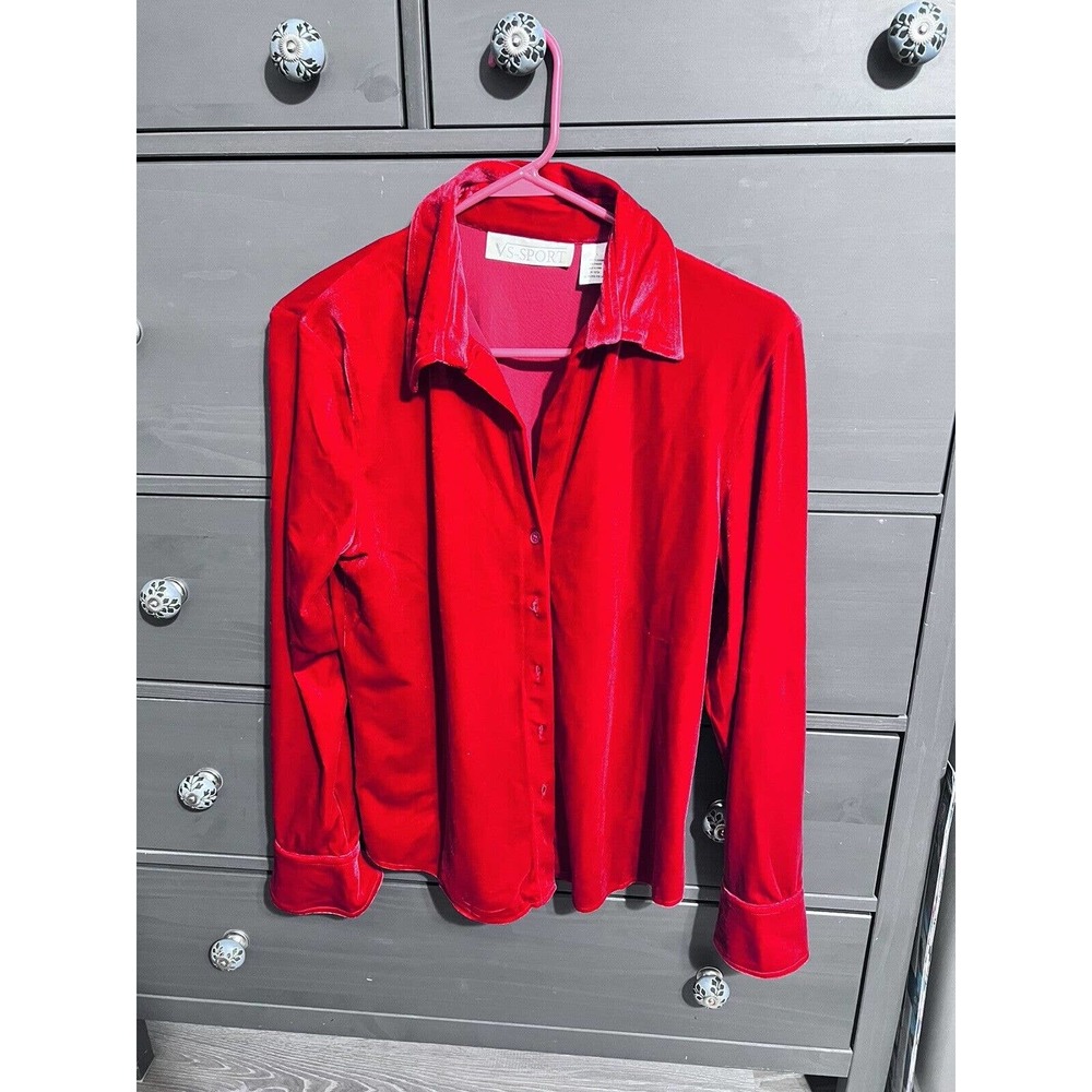 VS Sport Top Womens Size L Red Elastic Velvet Button Up Blouse Vintage EUC